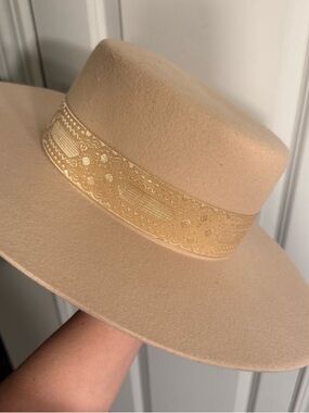 Lack Of Color Pale Cream Wide Brim Felt Boater with Embroidered Trim